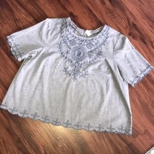 SOLD! ON Chambray Embroidered Scalloped Edge Top